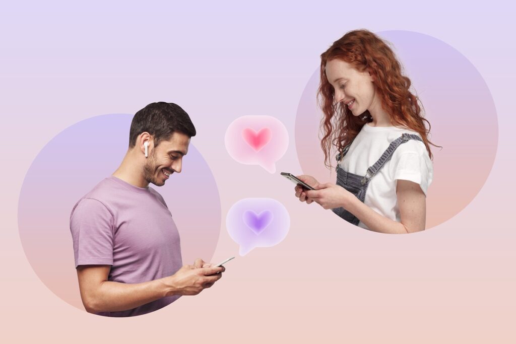 Side view of guy and girl in circles using smartphone, matching in dating app