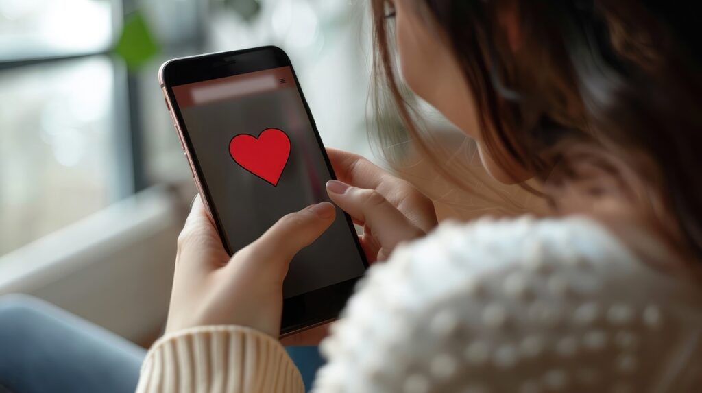 Single woman hits red heart icon on smartphone display