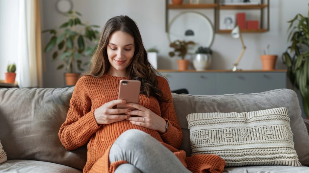 Pregnant woman using smartphone on sofa at home.