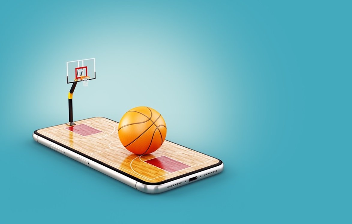 Celular com quadra e bola de basquete em 3D; Aplicativos para Assistir NBA