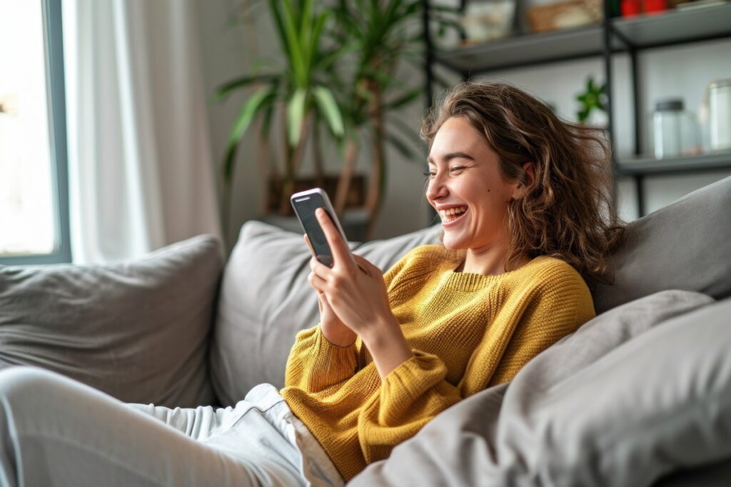 Young happy woman using mobile cell phone sitting on couch at home