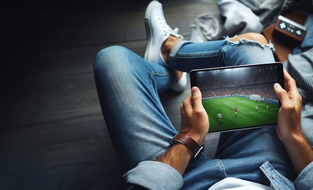 soccer sport fan watching a game online on a tablet